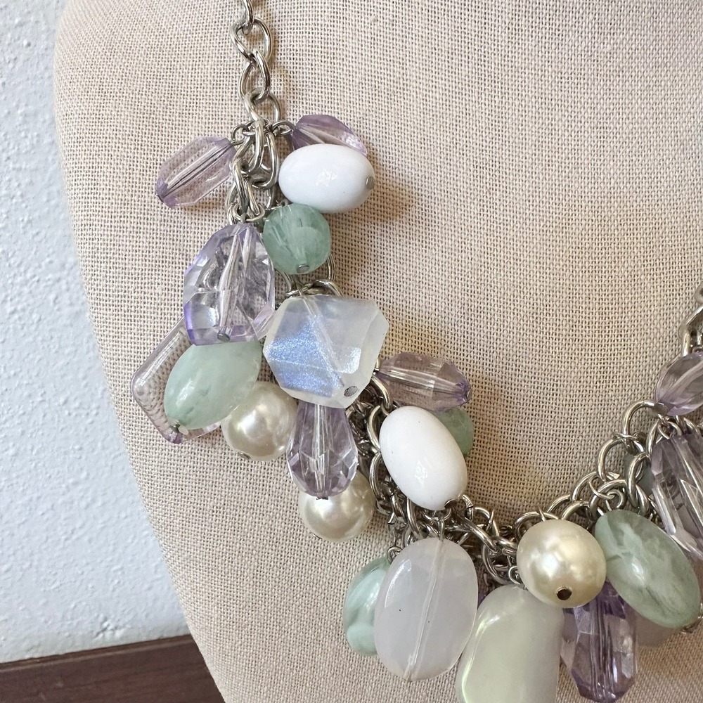 Pastel Beaded Statement Necklace Silver Chain Bib Seaglass Mermaid Y2K Chunky - Picture 3 of 10